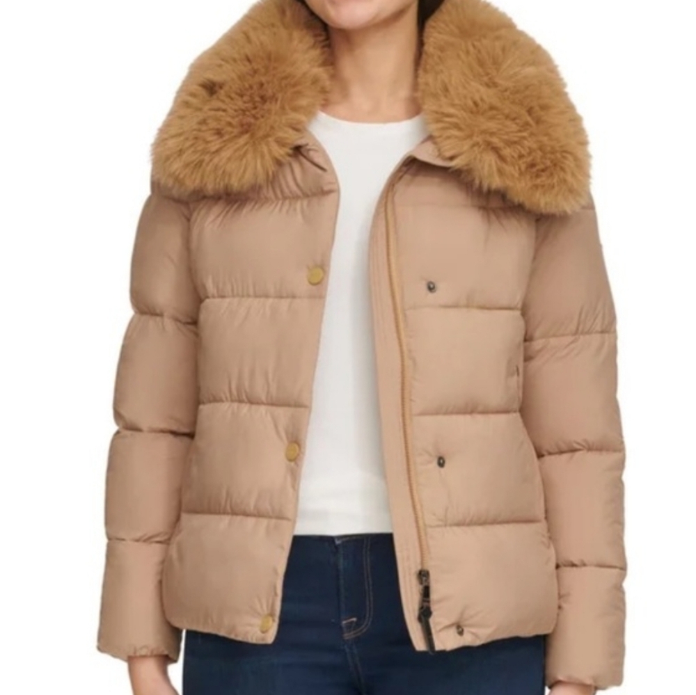 DKNY Tan Puffer Jacket with Faux Fur Collar